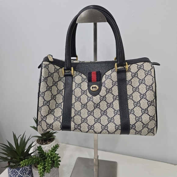 Gucci Handbags - GUCCI - Vintage GG Sherry Line Boston Bag in Rare Navy Blue, PVC & Leather​​​
